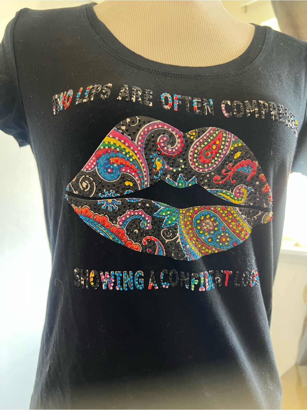 Black Graphic Tee with Colorful Paisley Lips